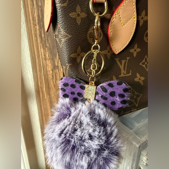 None Accessories - Purple bow Keychain / bag charm with fluffy Purple Ombre Pom Pom